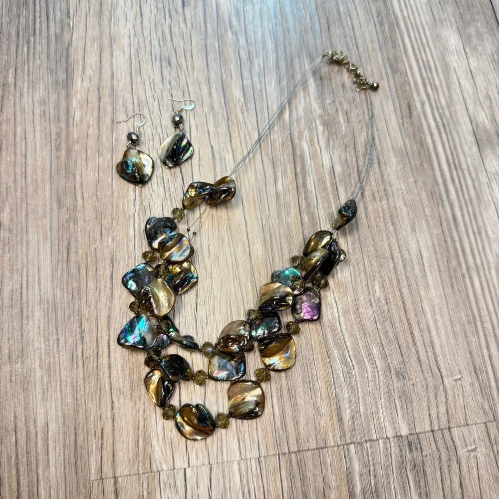 Vintage Abalone Shell Multi Strand Statement Necklace‎ Earrings Set Iridescent